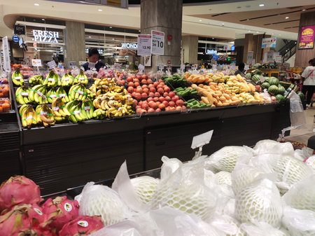 SEREMBAN, MALAYSIA -JUNE 3, 2020: Fruits are sold at shops. Sort by type to make it easier for customers to choose. Labeled by price.のeditorial素材