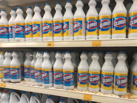 KUALA LUMPUR, MALAYSIA -MARCH 3, 2020: The bleaching fluid is bottled in plastic bottles and sold in supermarkets. Sorted by brand and display for customers on the shelf.のeditorial素材