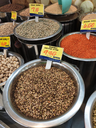 PENANG, MALAYSIA -MARCH 2, 2021: Various types of dry spices and herbs are sold in bulk and by...