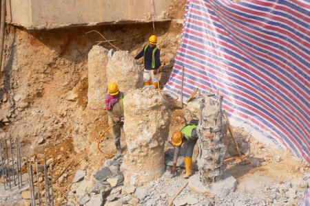 SEREMBAN, MALAYSIA -MARCH 05, 2021:  Construction workers cutting concrete bore pile up to the...