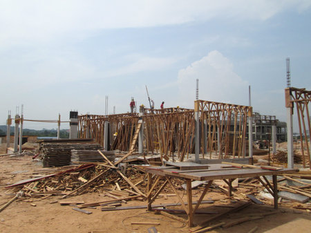 KUALA LUMPUR, MALAYSIA -SEPTEMBER 19, 2016: Column timber form work and reinforcement bar at the...