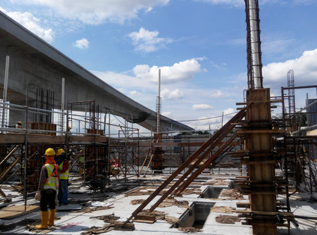 KUALA LUMPUR, MALAYSIA -SEPTEMBER 19, 2016: Column timber form work and reinforcement bar at the...