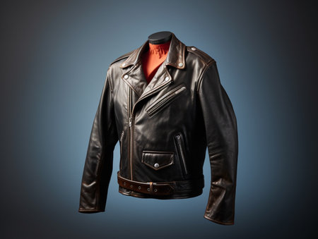 Stylish leather jacket on a mannequin on a blue backgroundの素材