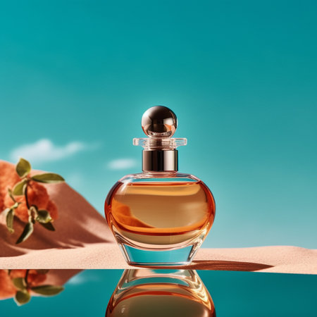 Perfume bottle on the beach with blue sky background. 3d renderingの素材