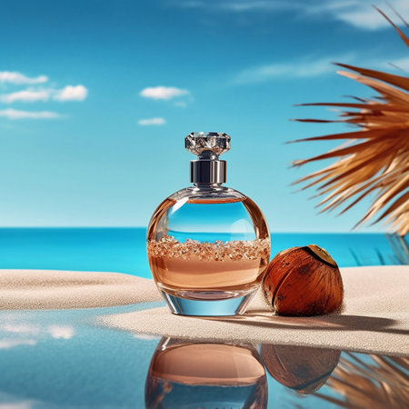 Perfume bottle on the beach with palm leaves. 3d renderingの素材