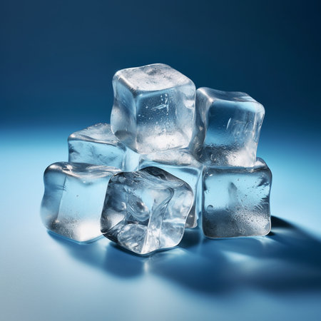 ice cubes on blue background, close-up, toned imageの素材