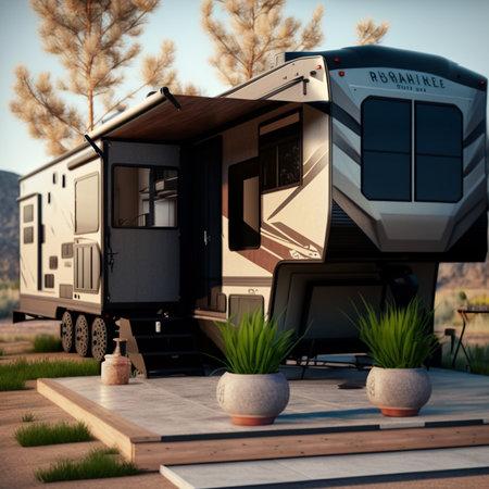 Camper trailer in the middle of the desert. 3d renderingの素材