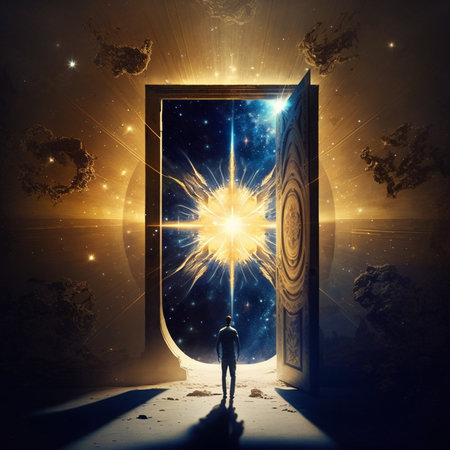 Man standing in front of opened door with light coming out of itの素材