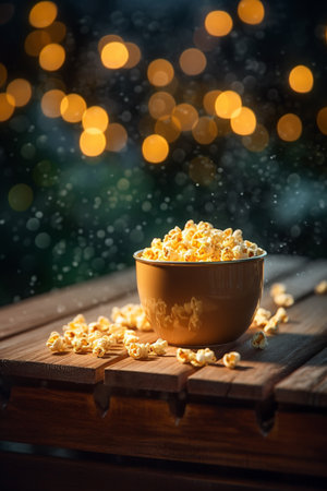 Popcorn in a bowl on a wooden table with bokeh backgroundの素材