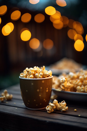 Popcorn in a cup on a wooden table with bokeh backgroundの素材
