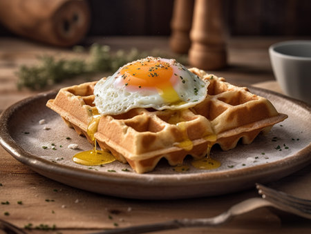 Traditional belgian waffles with fried egg on wooden background, selective focusの素材