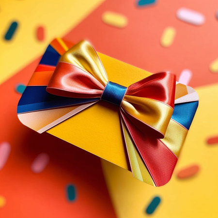 A beautiful and simple design gift card with a colorful bow and ribbon on it. Isolated on plain color background. Suitable for greeting cards and gifts.の素材