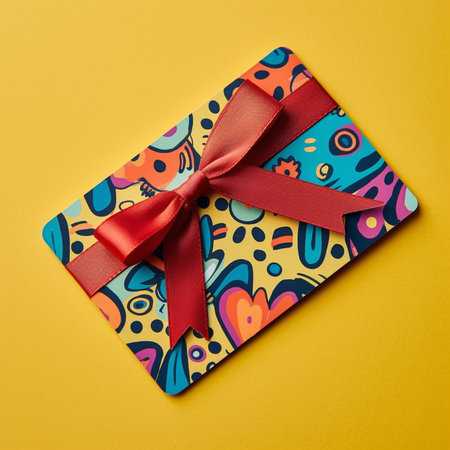 A beautiful and simple design gift card with a colorful bow and ribbon on it. Isolated on plain color background. Suitable for greeting cards and gifts.の素材