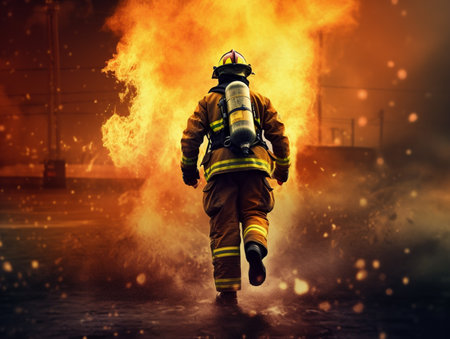 Firefighter with fire extinguisher on a background of smoke and fireの素材