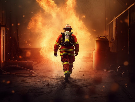 A firefighter complete with firefighting suit and gear is bravely running. In the background, the fire is raging and rising.の素材