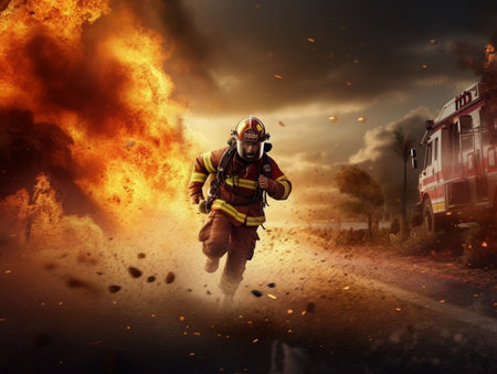 Fireman running in fire with flames and smoke on the background.の素材