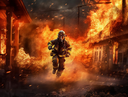 Firefighter fighting a fire in a burning house. Firefighters fighting a fire.の素材