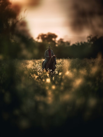 Cowboy riding a horse in the field at sunset. Selective focus.の素材