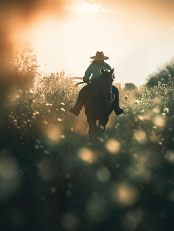 Cowboy riding a horse in a field of flowers at sunset.の素材