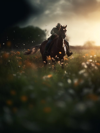 Beautiful young girl riding a horse in the meadow at sunsetの素材