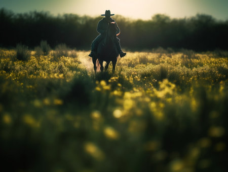 Cowboy riding a horse in a field of yellow flowers at sunsetの素材