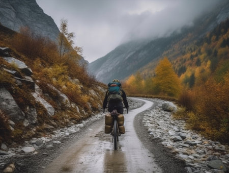 A solo traveler on a bicycle is going through a mountainous area. Through a narrow gravel road. The view of the surrounding mountains is amazing.の素材