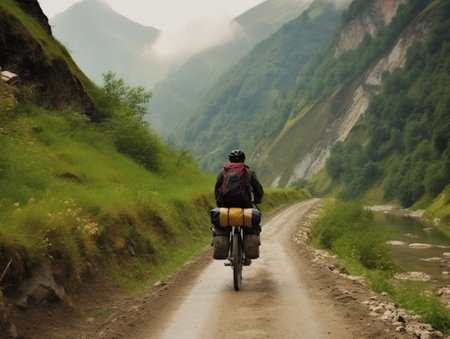 A solo traveler on a bicycle is going through a mountainous area. Through a narrow gravel road. The view of the surrounding mountains is amazing.の素材