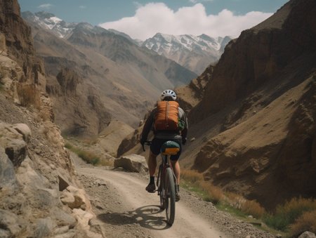 A solo traveler on a bicycle is going through a mountainous area. Through a narrow gravel road. The view of the surrounding mountains is amazing.の素材