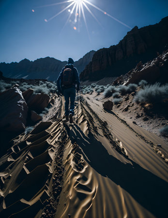 Hiker in the desert of the Sinai mountains. Man with a backpack and trekking poles.の素材