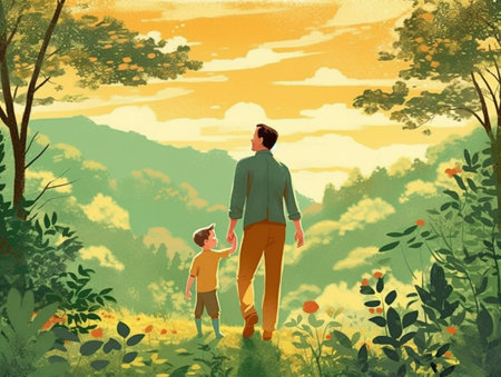 Father and son walking in the park. Illustration for your designの素材