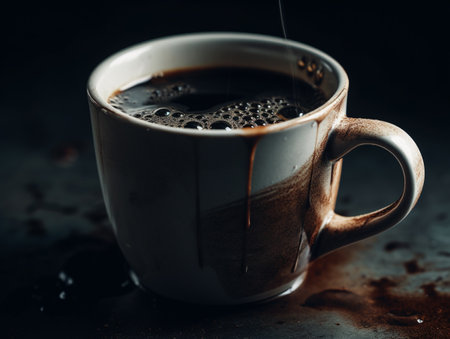 Coffee cup on black background. Vintage style toned pictureの素材