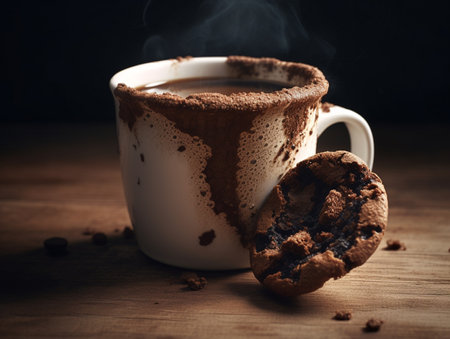 Cup of coffee with chocolate chip cookies on a wooden table.の素材