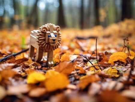 Lion figurine in the autumn forest. Selective focus.の素材