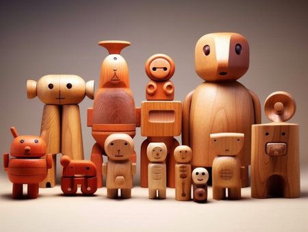 Wooden toys on a gray background. Wooden figures of people.の素材