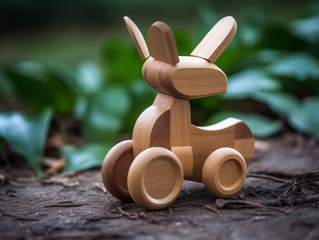Wooden toy rabbit on the ground in the forest. Easter conceptの素材