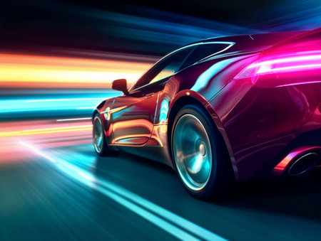 Long exposure photo of a speeding luxury car in the street. Long exposure lighting to capture motion blur and light trails and bold contrasting colors.の素材