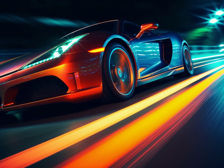 Long exposure photo of a speeding luxury car in the street. Long exposure lighting to capture motion blur and light trails and bold contrasting colors.の素材