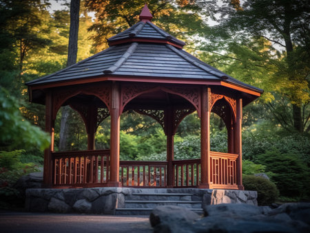 White wooden gazebo in autumn park at sunset time.の素材