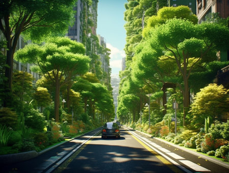 Illustration of the scenery of a city decorated with a beautiful landscape. Large trees provide shade to roads and footpaths. Public parks were established.の素材