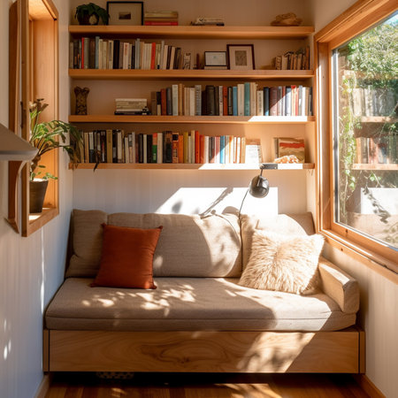 Interior of a cozy living room with a sofa and bookshelvesの素材