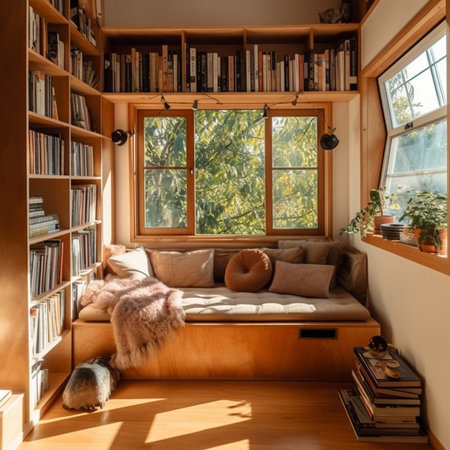 Interior of a cozy living room with a sofa, bookshelves and a windowの素材