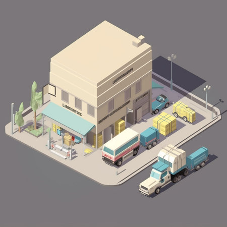 Flat isometric illustration of a warehouse, logistics and delivery.の素材