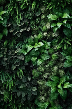 Green leaves wall background. Tropical plant texture. Green leaves background.の素材