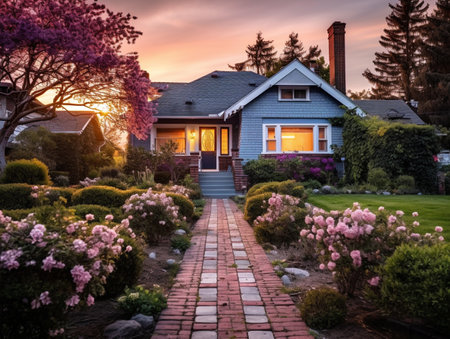 Sunset view of a beautiful house with flower bed and garden.の素材
