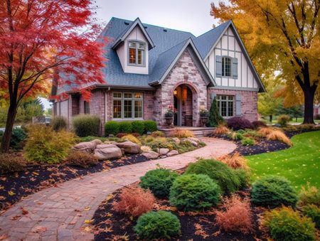 Beautiful home in fall colors with maple trees and stone walkwayの素材