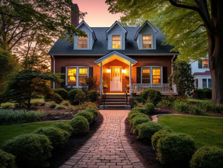 Beautiful brick home with stone steps leading to the garden at dusk.の素材