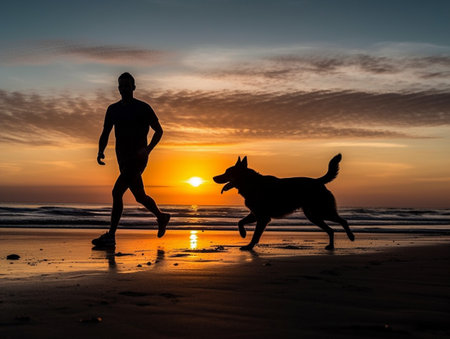 Silhouette of a man running with his dog on the beach at sunsetの素材