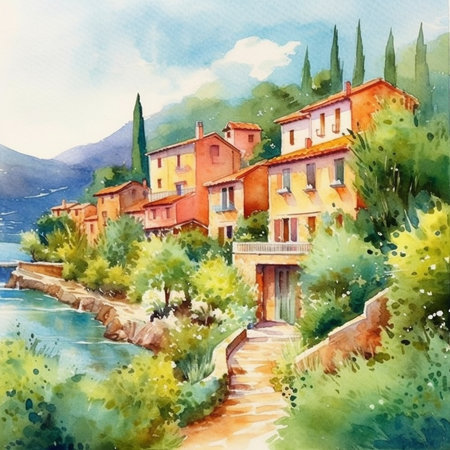 Watercolor painting of a village on the shore of Lake Garda, Italyの素材