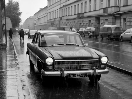 Black and white photo of old car on the streetの素材