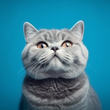 Studio portrait of a british shorthair cat on blue backgroundの素材